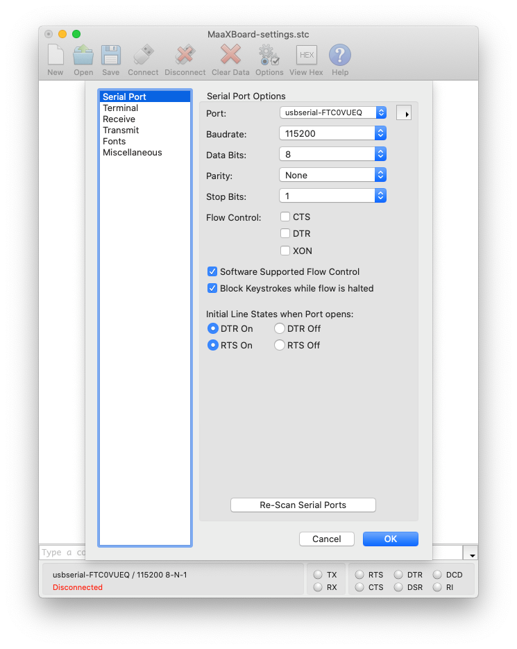 CoolTerm serial port configuration