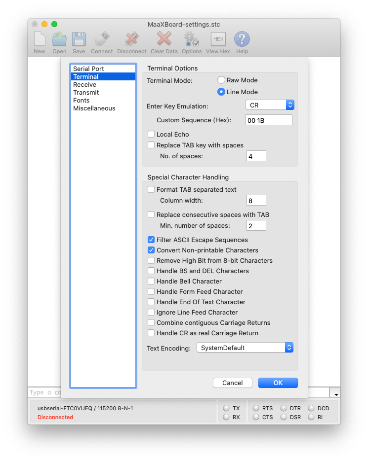 CoolTerm terminal configuration